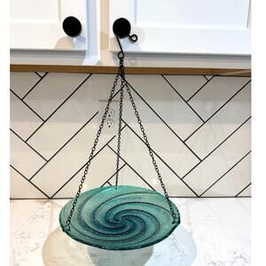 Swirl Glass Hanging Birdbath hand-painted glass bowl vibrant blue green